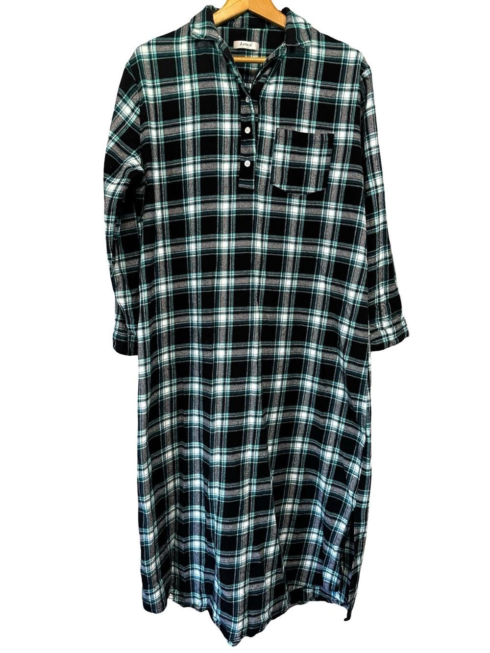 Latuza Black Blue Plaid Cotton Maxi Nightgown Dress Large Flannel Comfy Pajamas